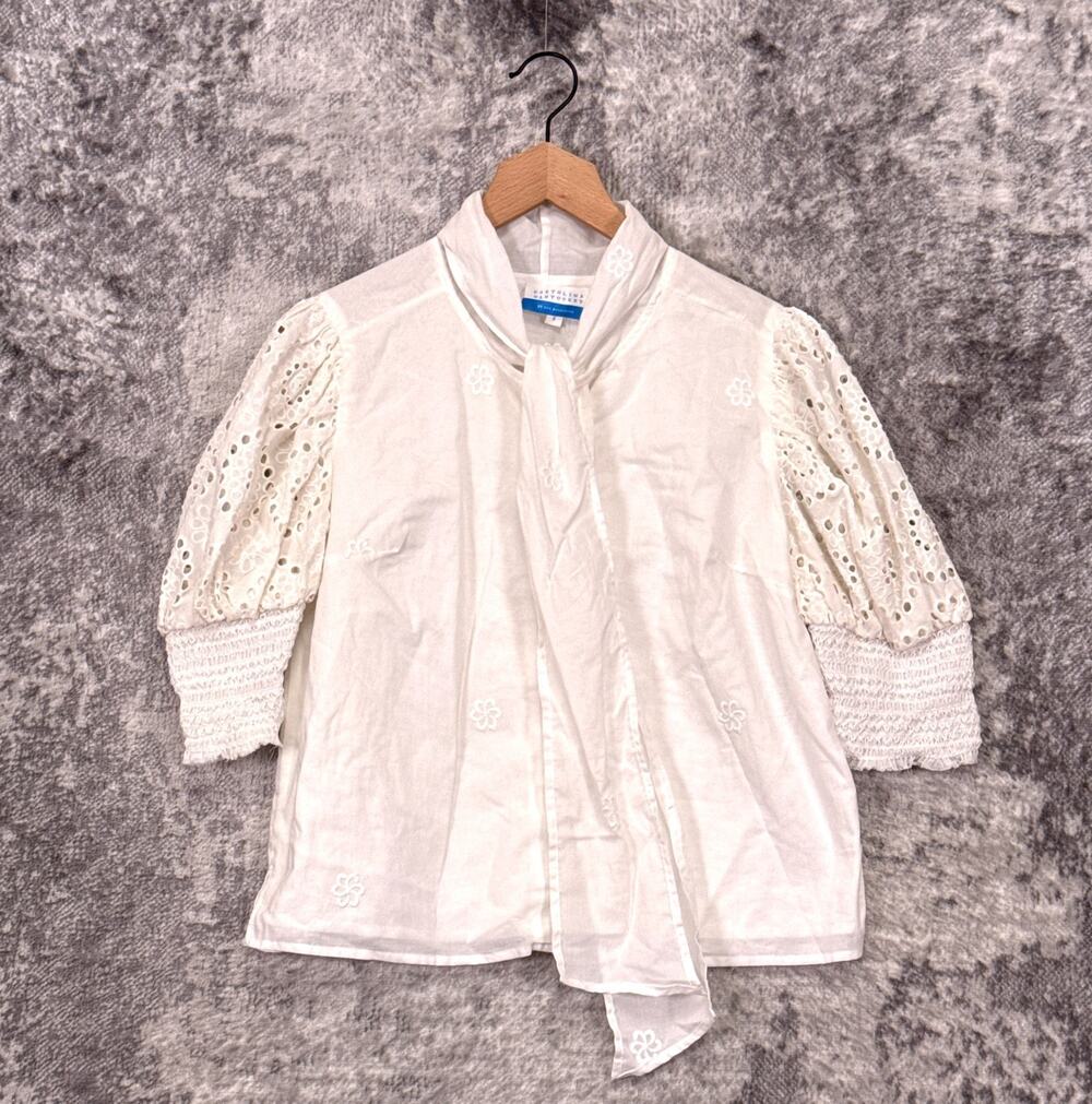 Cartolina Nantucket Blouse Small Womens White Cotton Woven Eyelet Puff Sleeve